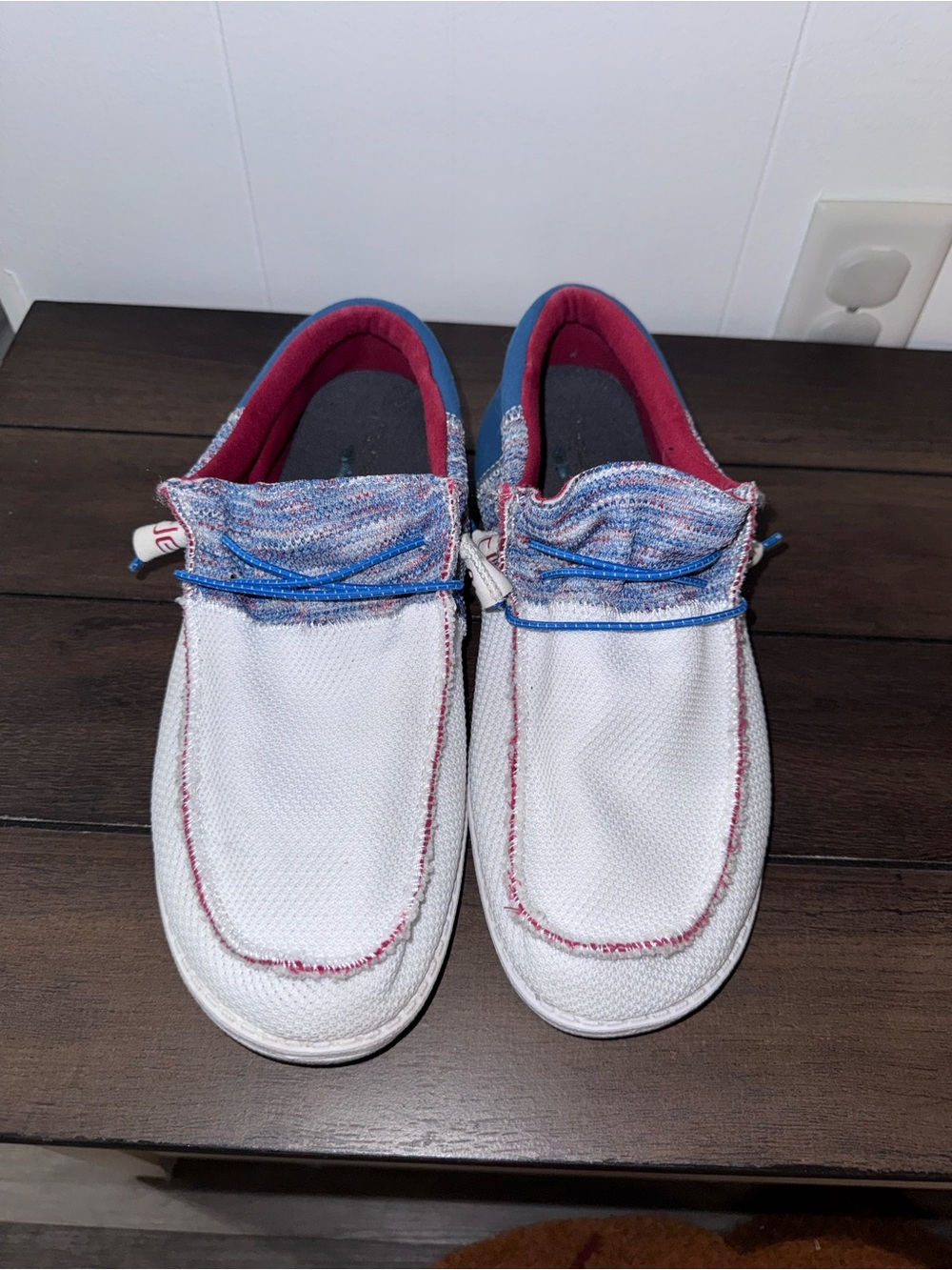 Woman’s Casual Slip-On Shoes in White with Blue & Pink Accents hey dudes
